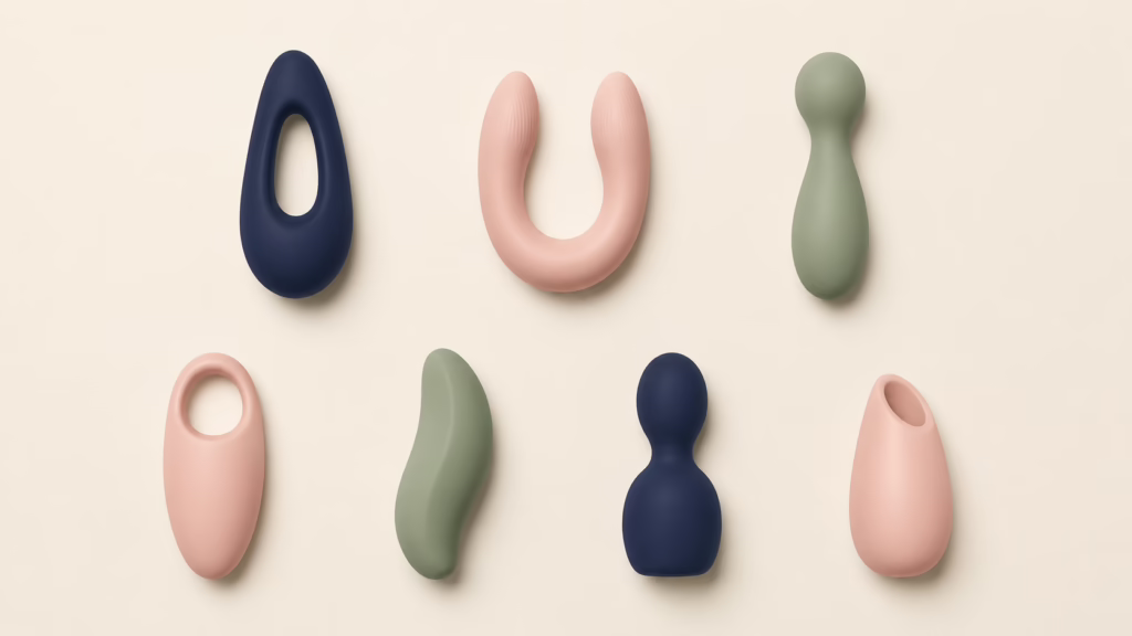 Infographic showing seven main types of vibrators as minimalist icons